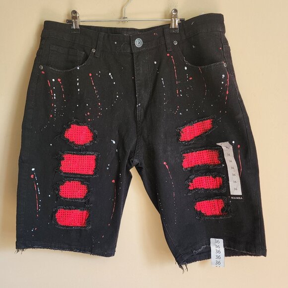 Waimea Men's Distressed Black Red Patch Paint Splatter Jeans Shorts Size 36 NWT - Picture 2 of 11